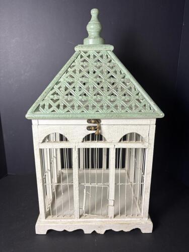 Decorative Wooden Birdcage With Lattice Metal Roof and Finial