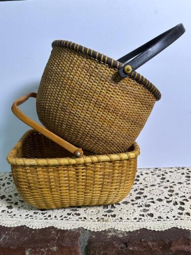 Handwoven Baskets with Wood Bases and Swing Handles