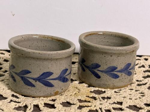 Pair of Stoneware Crock-Style Pottery Cups with Blue Leaf Motif