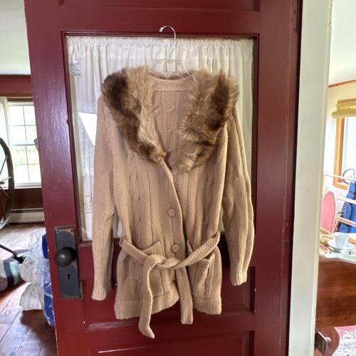 Beige Cable Knit Belted Cardigan with Faux Fur Collar