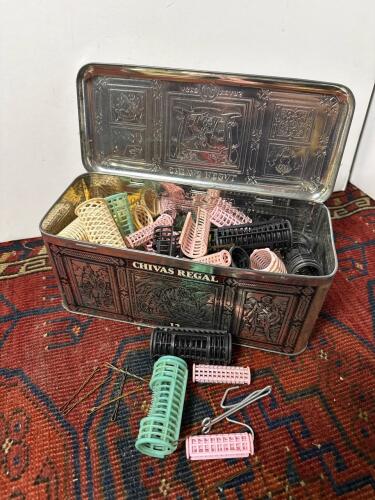 Assorted Plastic Hair Curlers and Pins in Chivas Regal Tin
