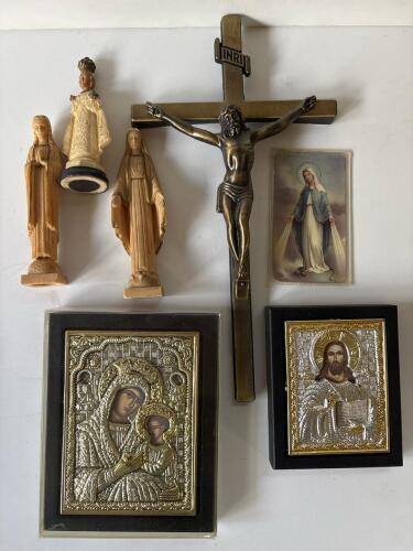 Religious Icons, Crucifix, and Virgin Mary Figurines Assortment