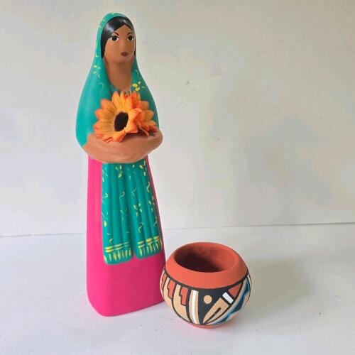 Mexican Folk Art Figurine and T. Tosa Jemez Pottery Bowl