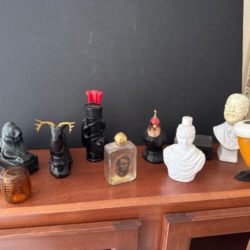 Assorted Figural Glass Decanters and Bottles, Novelty Motifs Avon bottles