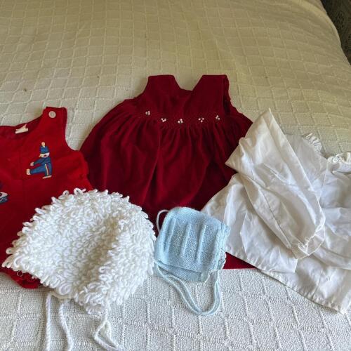 Vintage Baby Clothes: Red Smocked Dress, Toy Soldier Romper, White Shirt, Knit Hats
