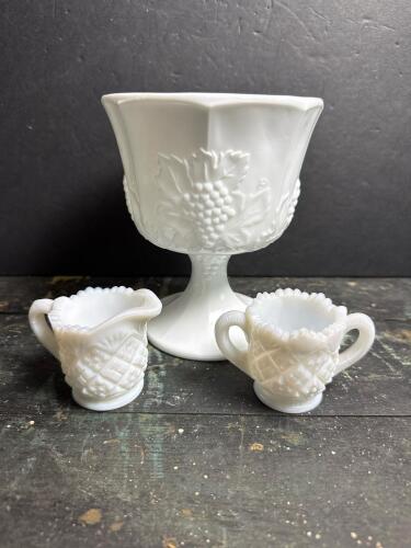 Milk Glass Sugar Bowl, Creamer, and Grape Motif Compote