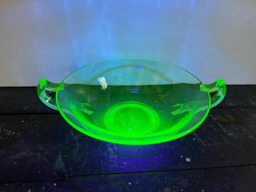Green Uranium Glass Handled Bowl in Art Deco Style