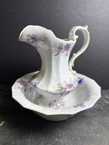 Victorian-Style Stone China Pitcher and Basin Set, Lily Pattern