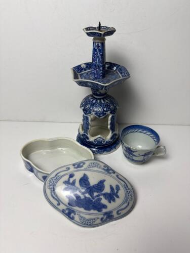 Chinese Blue and White Porcelain Trinket Box, Cup, and Candleholder