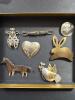 Assorted Animal Brooches and Pins, Engraved Metal and Mixed Materials