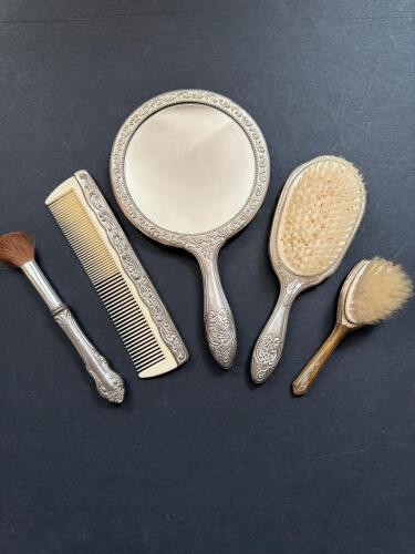 Silver Plated Vanity Brush, Comb, Mirror, and Grooming Set