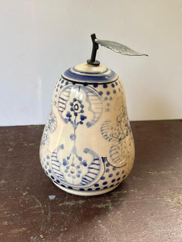 Decorative Stoneware Pear with Metal Leaf Finial
