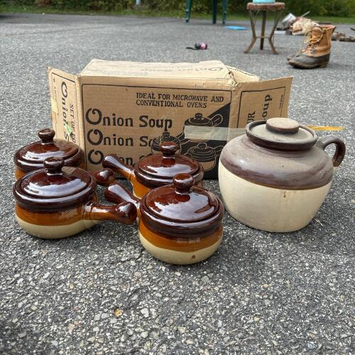 Vintage Bean Pot & Stoneware Soup Bowls with Lids