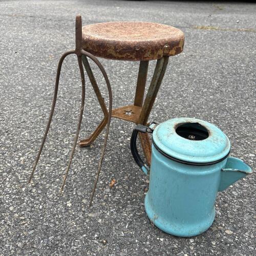 Vintage Milking Stool, Blue Enamel Coffee Pot, & Pitchfork Head