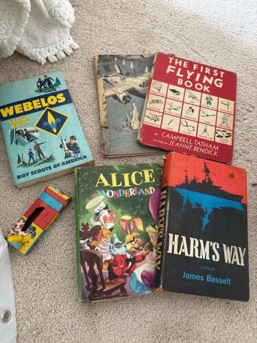 Vintage Children's Books, Webelos Scout Book, and Tin Noise Maker