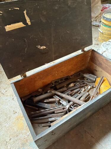 Vintage Wood Tool Box With Assorted Metal Taps and Hand Tools