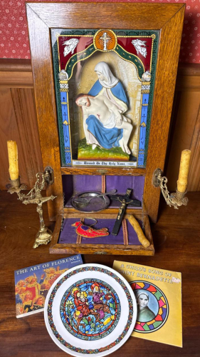 Religious Altar Cabinet with Piet&agrave; Statue and Limoges Plate