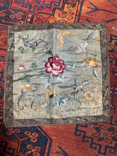 Embroidered Silk Floral Panel with Linen Backing