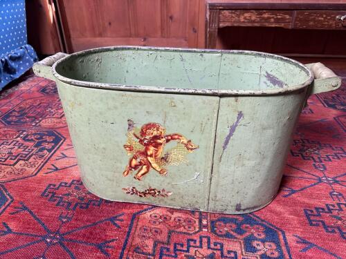 Oval Painted Metal Tub with Cherub Motif