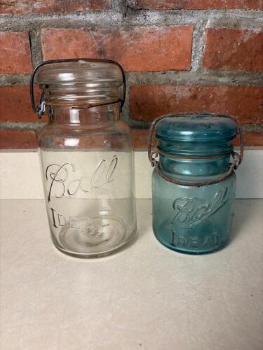 Ball Ideal Clear and Blue Glass Canning Jars with Wire Bails
