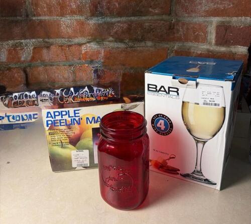 Kitchen Storage Container, Wine Glasses, Red Jar, Apple Peeler
