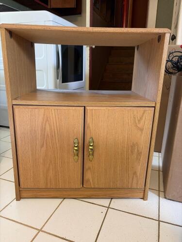 Small Oak-Style Cabinet with Double Doors and Brass Handles
