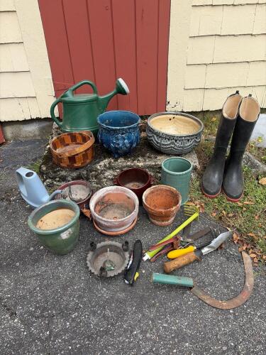 Mixed Garden Lot: Watering Cans, Tools, Weather Boots and Pots
