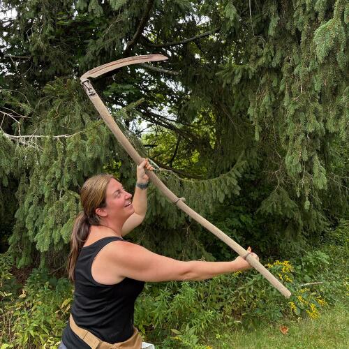 Vintage Wooden Scythe with Curved Steel Blade