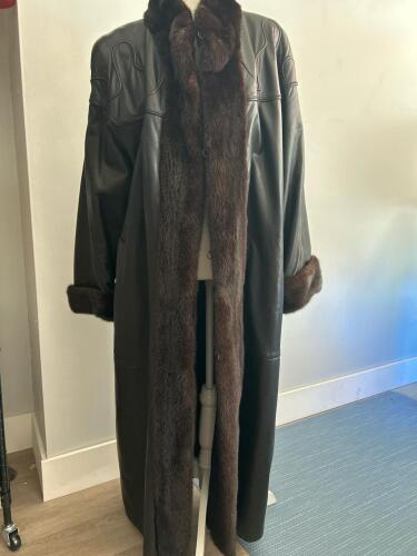 Leather and Mink Trimmed Full-Length Coat