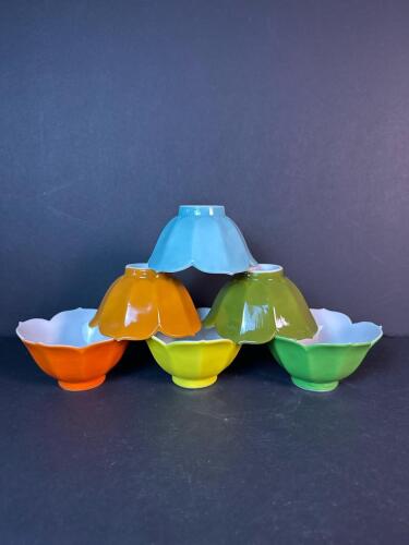 Set of Small Colorful Flower-Shaped Porcelain Bowls