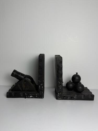 Pair of Black Wooden Cannon Motif Bookends