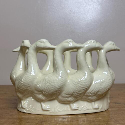 Ceramic Basket with Goose Motif, Signed 1984
