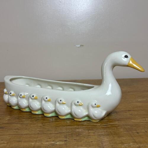 Ceramic Goose and Goslings Planter, Signed 1983