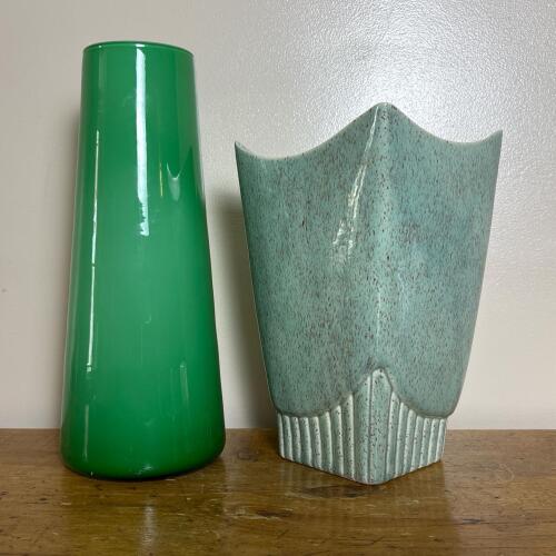 Green Glass Vase and Stanford Pottery Vase