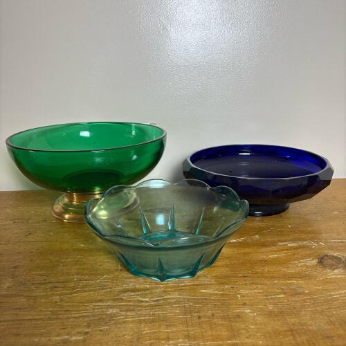 Three MCM Blue & Green Art Glass Bowls