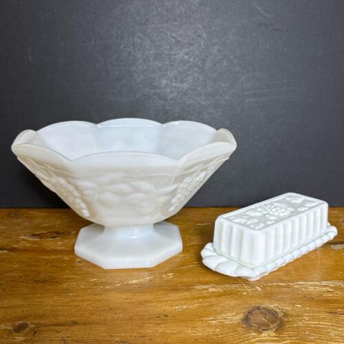 Vintage Milk Glass Footed Bowl & Butter Dish