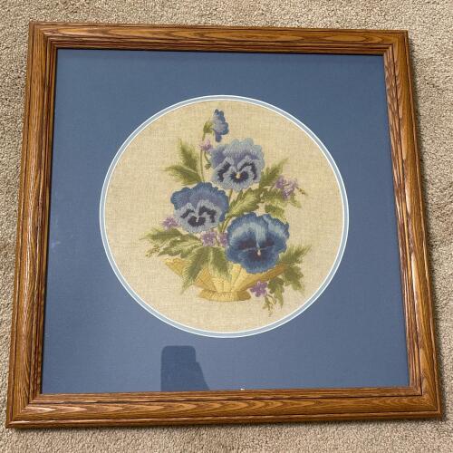 Framed Floral Embroidery of Pansies, 18"x18"