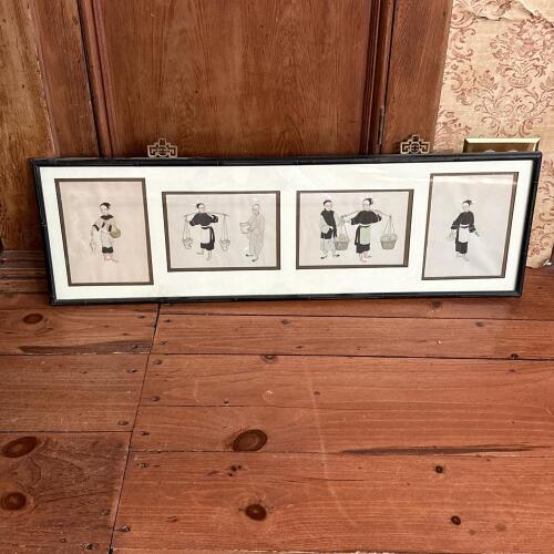 32.5" x 10.5" Framed Chinese Figural Works on Paper