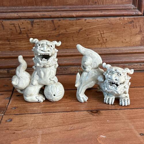 Pair of Asian-Style Glazed Ceramic Guardian Lion Figurines