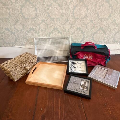 Assorted Storage and Framed Sentiment Decor Lot