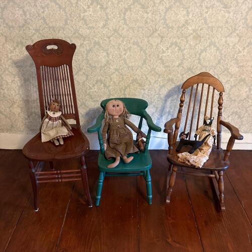 Three Children&rsquo;s Wooden Chairs with Cloth Dolls and Cat