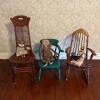 Three Children&rsquo;s Wooden Chairs with Cloth Dolls and Cat