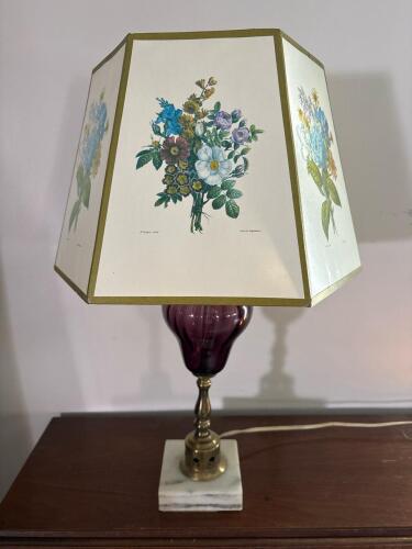 Purple Glass and Brass Table Lamp with Floral Shade