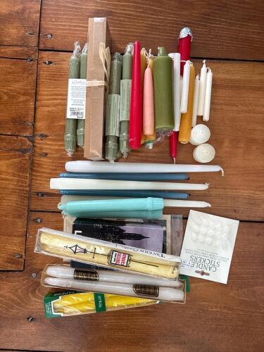 Assorted Taper Candles, Votives, and Candle Accessories