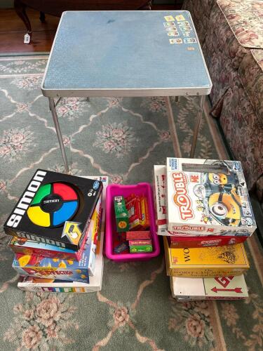 Assorted Board Games, Card Sets, and Folding Card Table