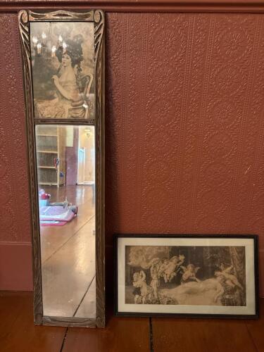 Framed Art Nouveau-Style Mirror and Framed Cherub Print