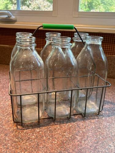 Vintage Glass Milk Bottles with Metal Carrier