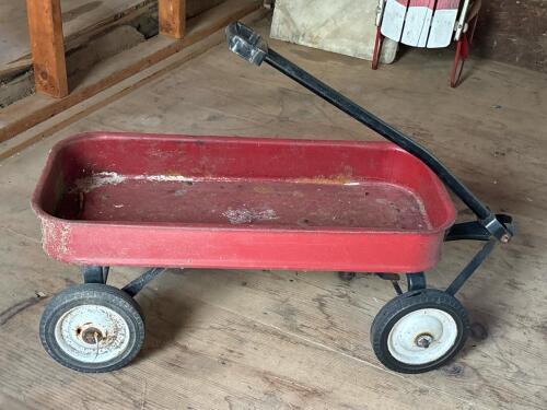 Vintage Red Metal Pull Wagon with Black Handle