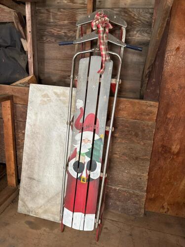 Vintage Wooden Sled with Hand-Painted Santa