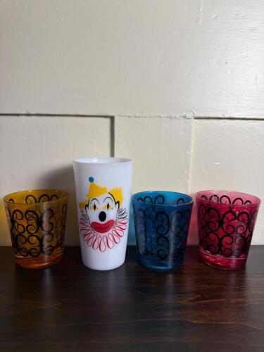 Vintage Fred Press Glasses and Clown Milk Glass Tumbler